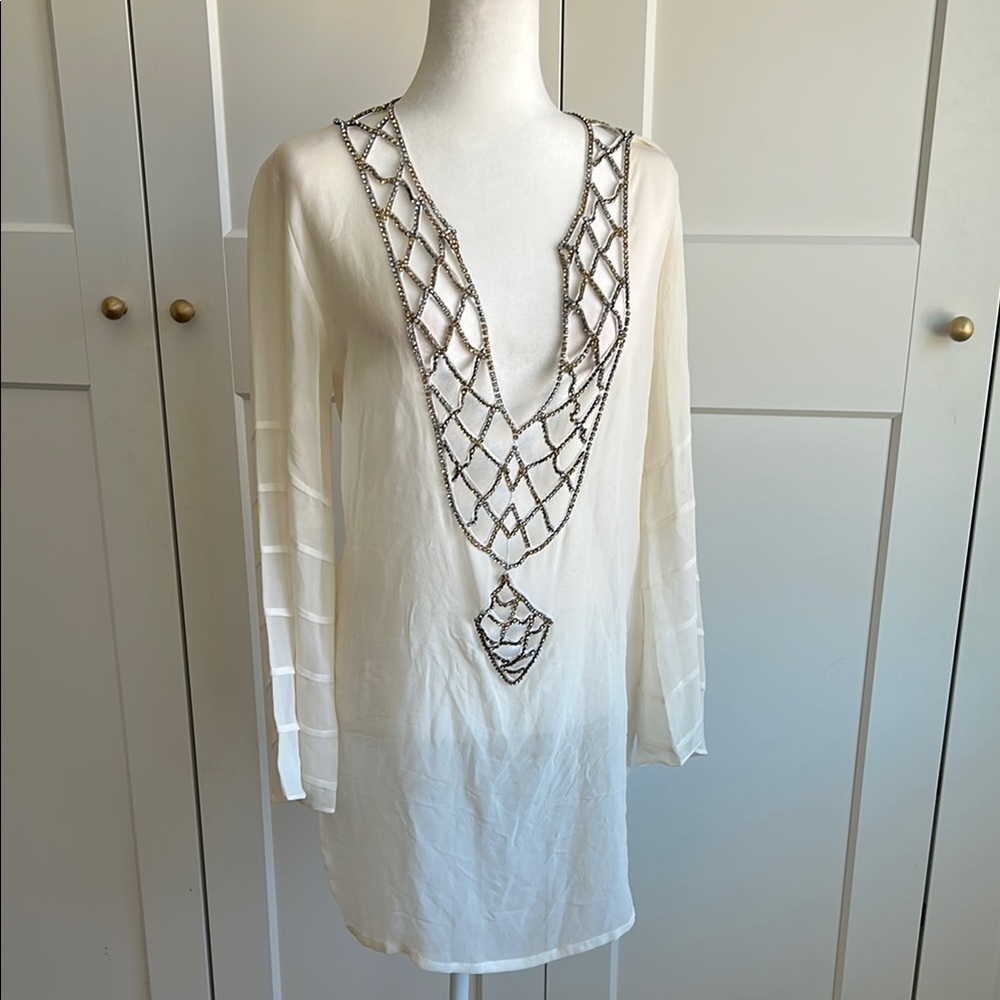 Debbie Katz Cream Sheer Tunic Coverup with Rhinestone Detail | M